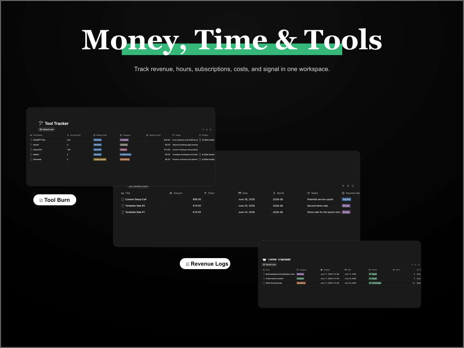 Money and tools screenshot from Side Hustle OS