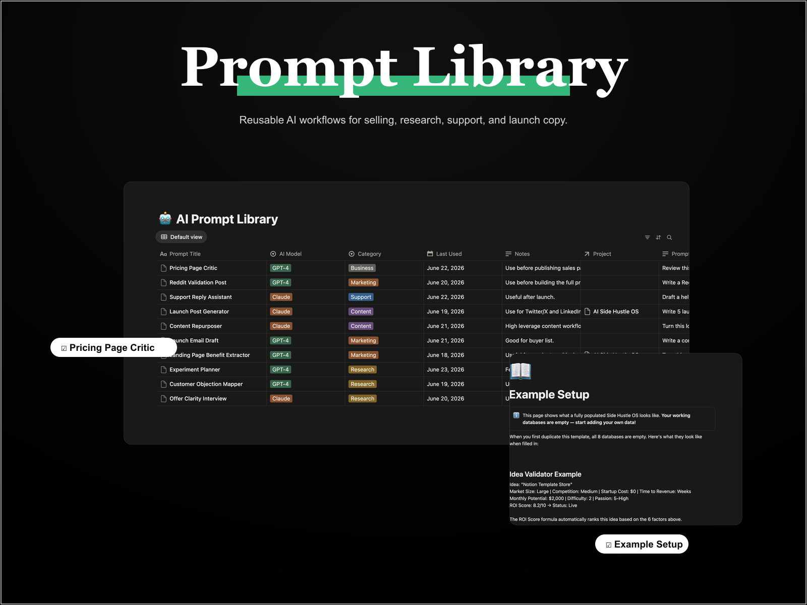 Prompt library screenshot from Side Hustle OS
